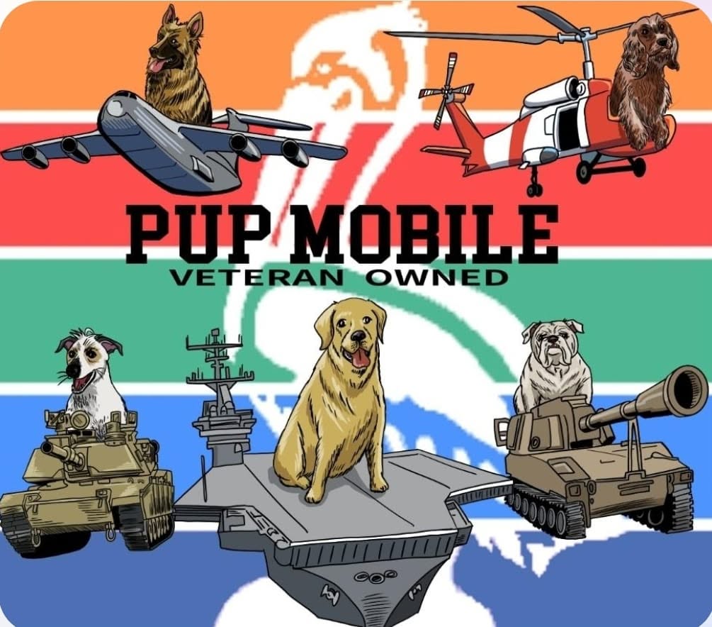 Pup Mobile Veteran Owned illustration with dogs on tanks, planes and an aircraft carrier